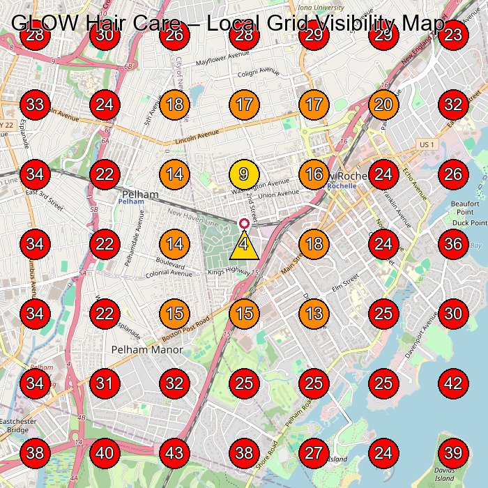 GLOW Hair Care GeoGrid visibility map for Hair Salon in New Rochelle